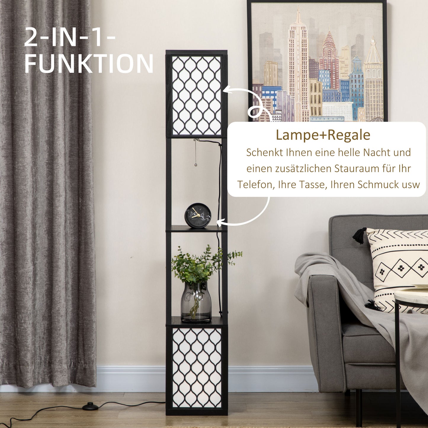 HOMCOM Stehleuchte im modernen Design, 2 Ablagen, Ziehkettenschalter, 26 cm x 26 cm x 156 cm, Schwarz + Weiß