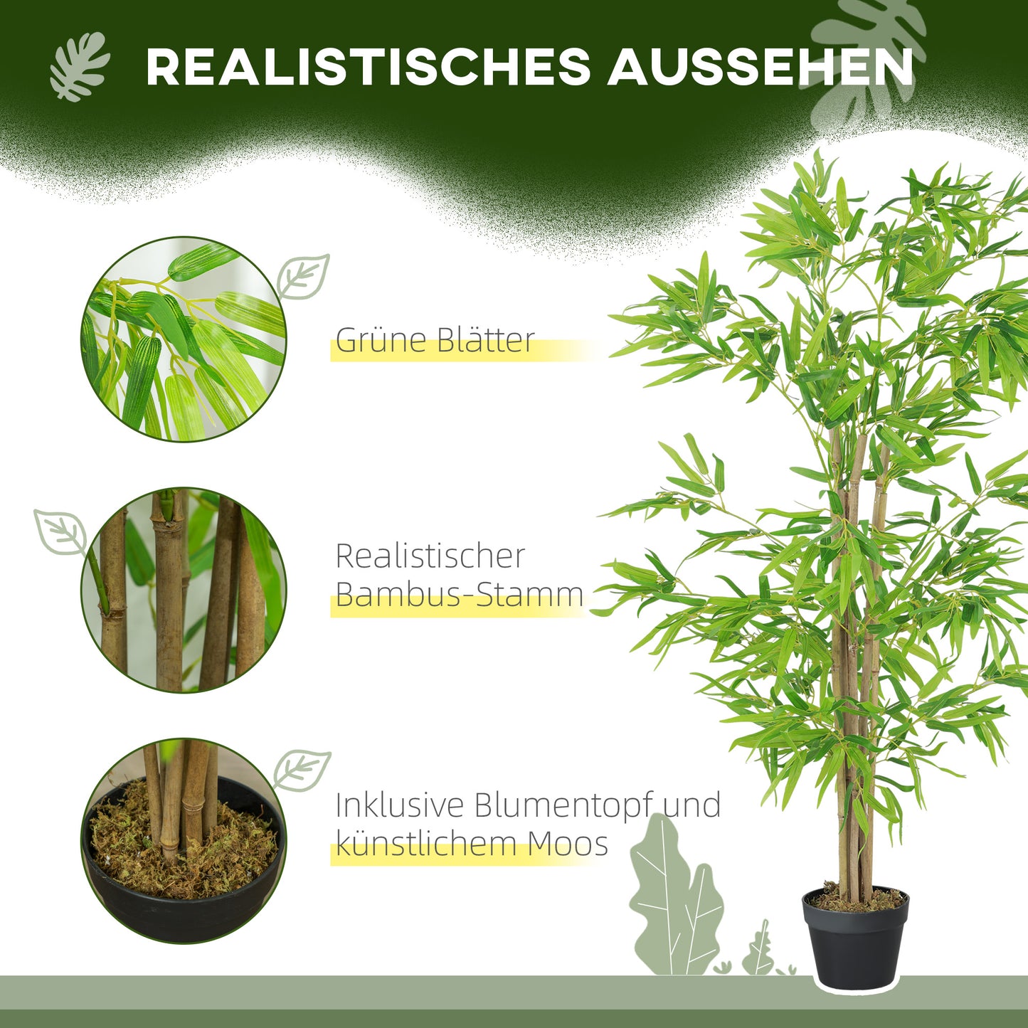 Outsunny Künstlicher Bambus, Kunstpflanze, Dekopflanze mit Topf, Kunstbaum, Baumdekoration, 150 cm