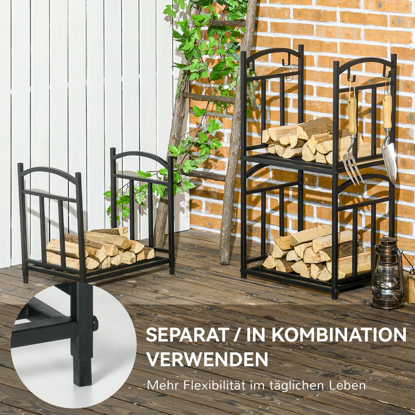 Outsunny Kaminholzregal für innen 46 × 32 × 126 سم 3 Ebenen Brennholzregal mit 4 Haken Metall Schwarz
