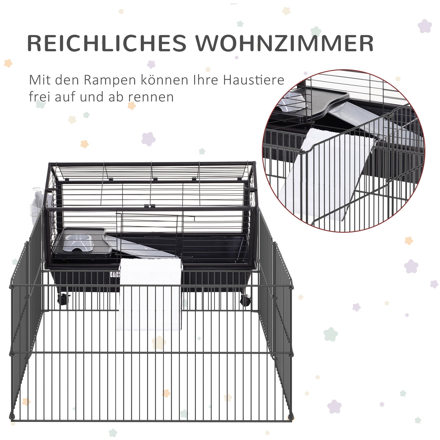 Pawhut Kleintierkäfig mit Freigehege inkl. Zubehör 88 cm x 128,5 cm x 56 cm 4 Rollen Schwarz Metall Polypropylen
