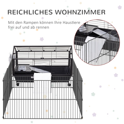 Pawhut Kleintierkäfig mit Freigehege inkl. Zubehör 88 cm x 128,5 cm x 56 cm 4 Rollen Schwarz Metall Polypropylen