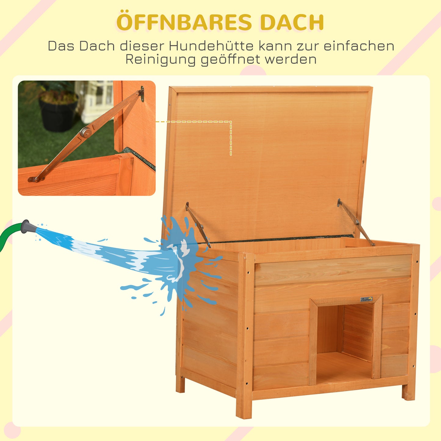 PawHut Hundehütte Outdoor, Hundehaus aus Holz mit Aufklappbares Asphaltdach, Wasserdichte Hundehöhle mit Erhöhter Boden Hütte für kleine Hunde, Gelb, 82 x 58 x 58 cm