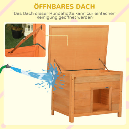 PawHut Hundehütte Outdoor, Hundehaus aus Holz mit Aufklappbares Asphaltdach, Wasserdichte Hundehöhle mit Erhöhter Boden Hütte für kleine Hunde, Gelb, 82 x 58 x 58 cm