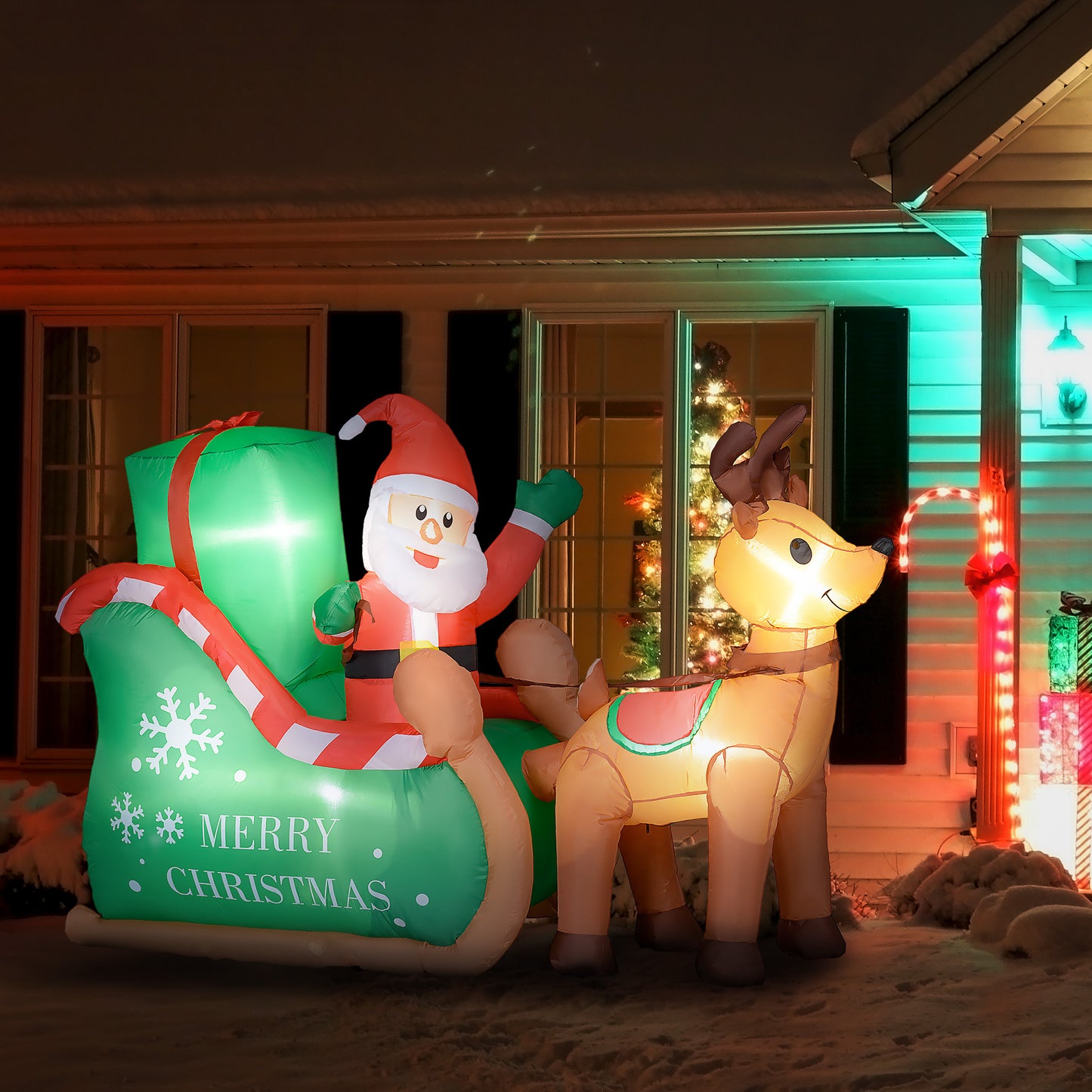 Outsunny Weihnachtsmann mit Schlitten & Rentier, aufblasbar, weiße LED-Beleuchtung, 210 x 80 x 140 cm