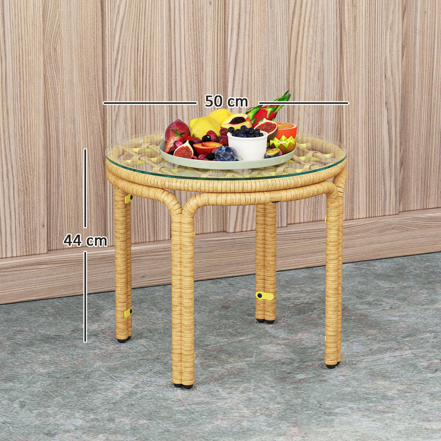 Outsunny Beistelltisch aus Polyrattan runder Couchtisch mit Glas Tischplatte Nachttisch Ø50 cm Gelb