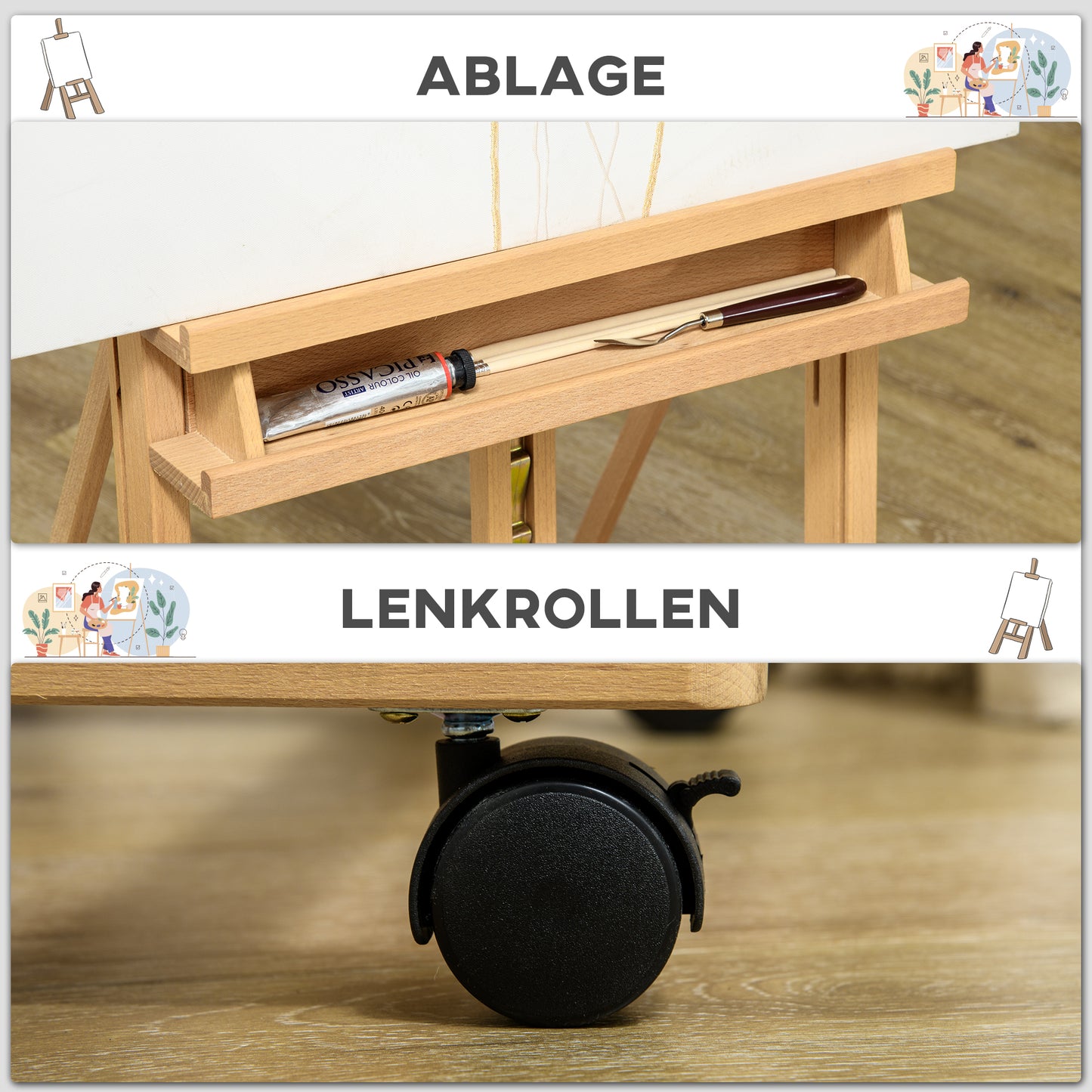 Vinsetto Staffelei, Künstlerstaffelei, Höhenverstellbar, 4 Rollen, Natur + Schwarz