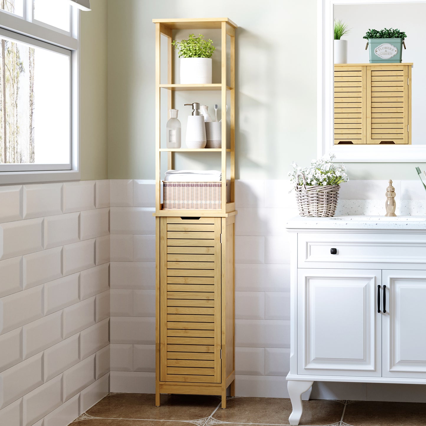 kleankin Badschrank, Hochschrank, drei Regalböden, ein Schrankfach mit Lamellentür, Kippschutz, Bambus, 34 x 30 x 173cm