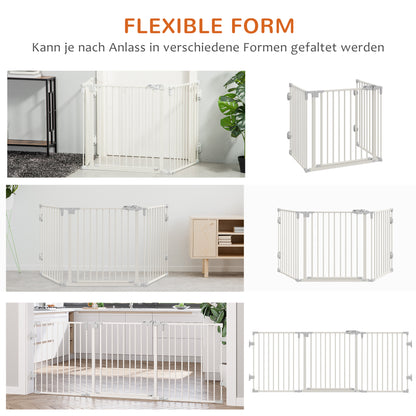 PawHut Hunde Absperrgitter Türschutzgitter Haustierschutzgitter verstellbar klappbar Kamingitter mit automatische schließenden Tür 3 Paneele für Ofen Wandmontage/Freistehend Weiß 202,5 x 76 cm