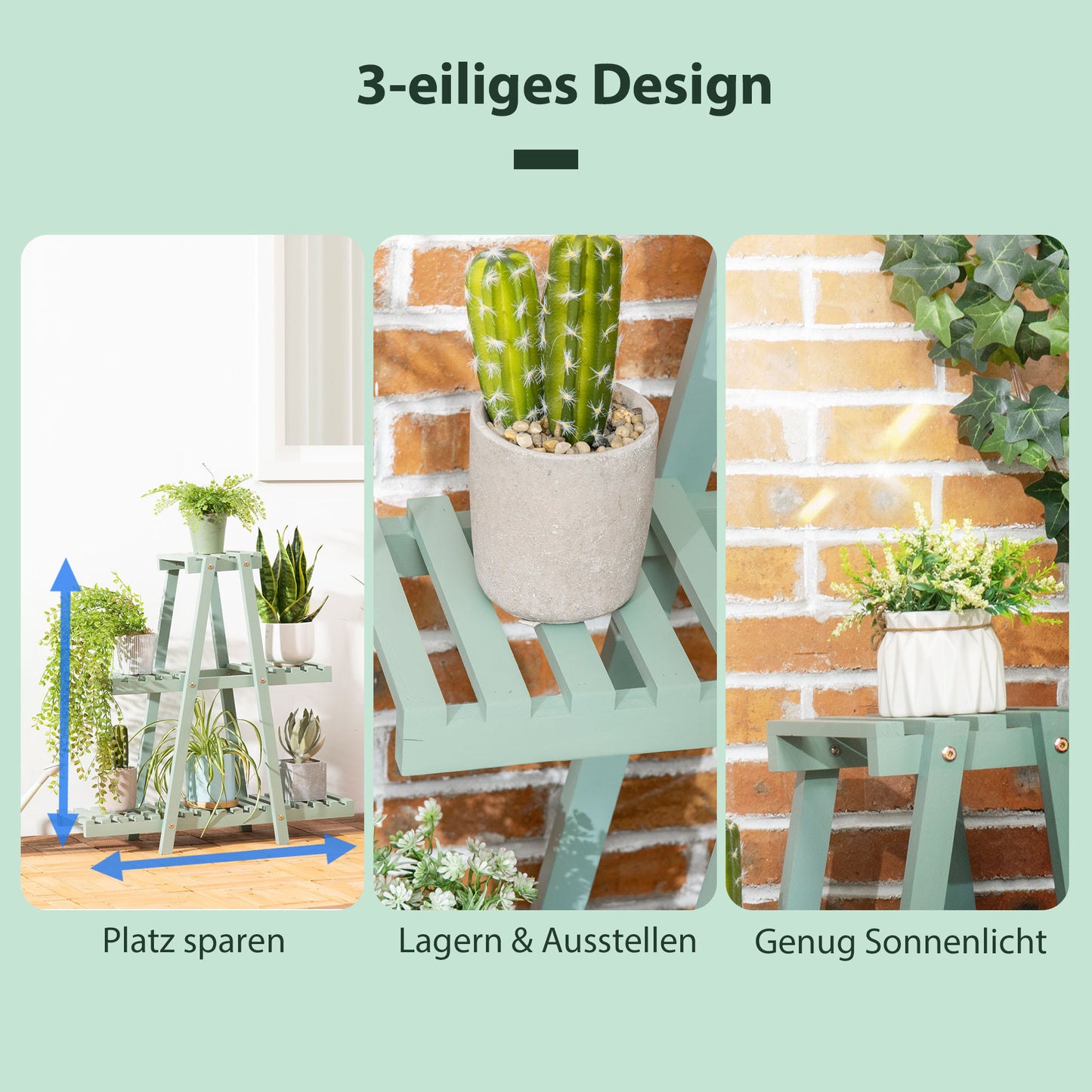Outsunny Pflanzenregal mit 3 Ebenen, für 6 Blumentöpfen, wetterbeständig, 76 cm x 26 cm x 76 cm, Hellgrün