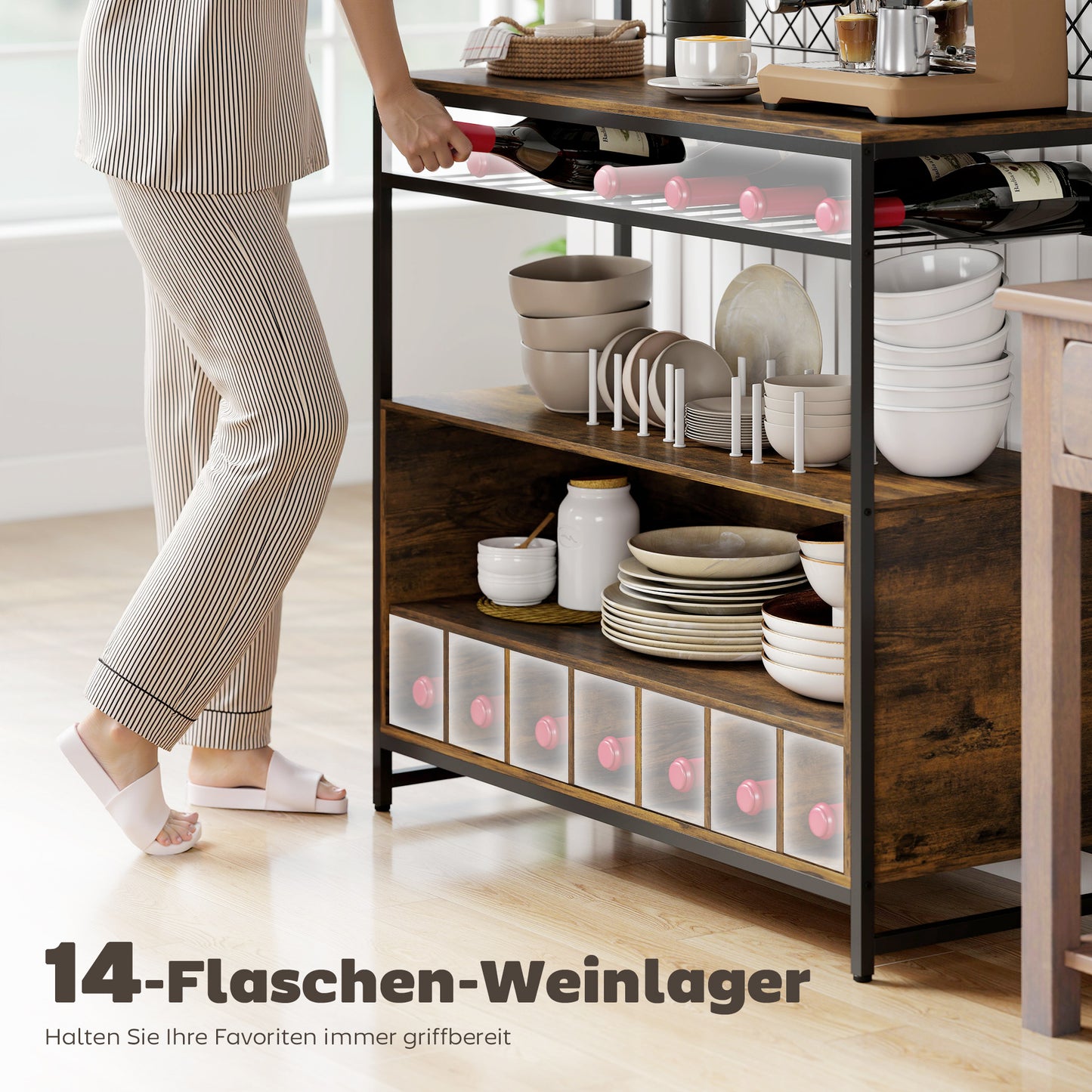 HOMCOM Küchenregal mit Arbeitsfläche, Metallgitterpaneele, 5 Haken, Küchenschrank für Gewürze, Töpfe, Pfannen, Braun