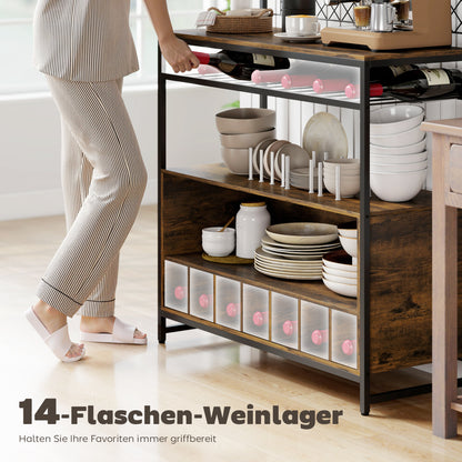 HOMCOM Küchenregal mit Arbeitsfläche, Metallgitterpaneele, 5 Haken, Küchenschrank für Gewürze, Töpfe, Pfannen, Braun