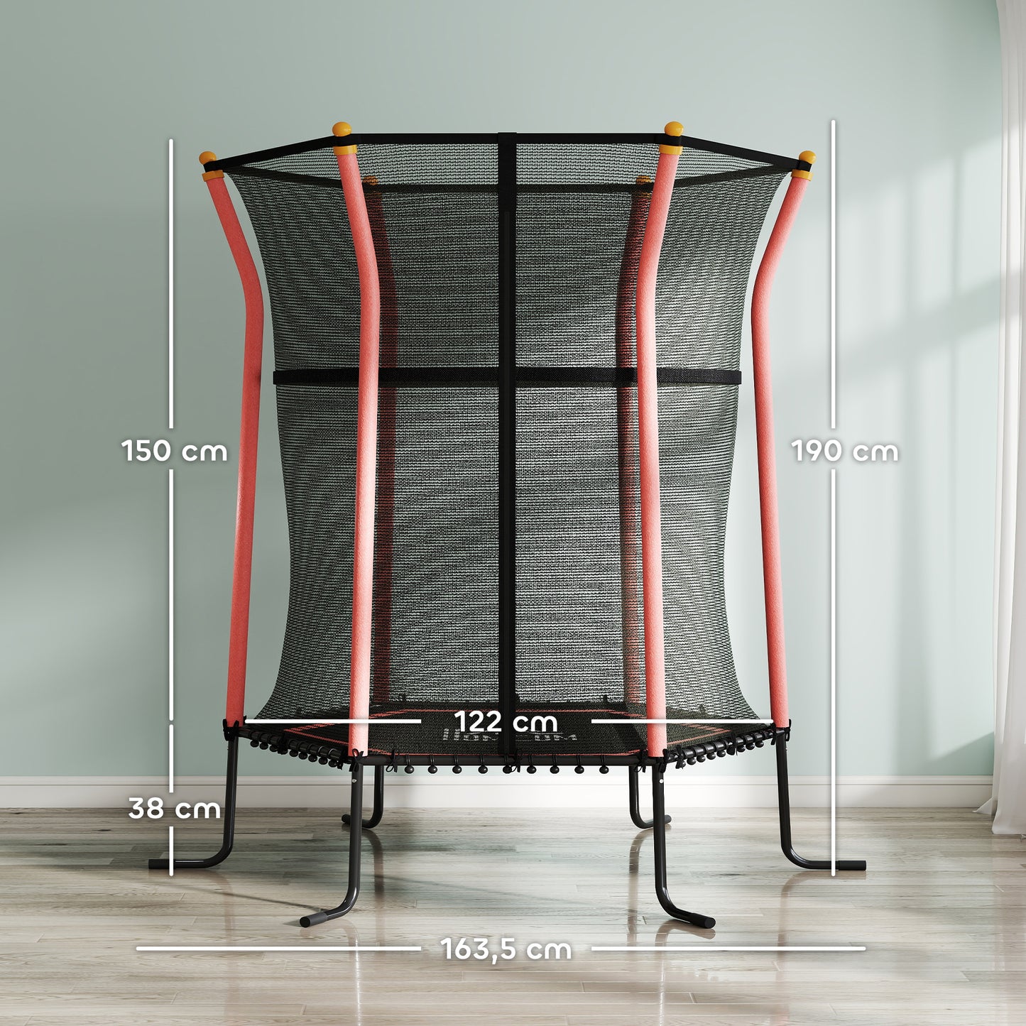 HOMCOM Trampolin für Kinder, Ø163,5 cm, mit Sicherheitsnetz, gepolstert, Stahl, belastbar bis 50 kg, Schwarz & Rot