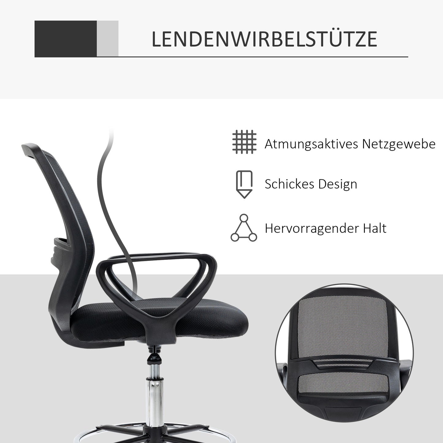 Vinsetto Bürostuhl Ergonomischer Schreibtischstuhl mit Armlehnen und Verstellbarer Fußring, Höhenverstellbarer Drehstuhl mit Netzbespannung Schwarz