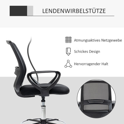 Vinsetto Bürostuhl Ergonomischer Schreibtischstuhl mit Armlehnen und Verstellbarer Fußring, Höhenverstellbarer Drehstuhl mit Netzbespannung Schwarz