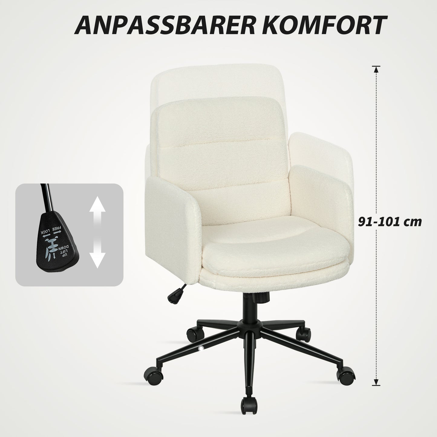 HOMCOM Fahrbarer Bürostuhl mit Stoffbezug, Armlehne, 5 Räder, drehbar, Cremeweiß