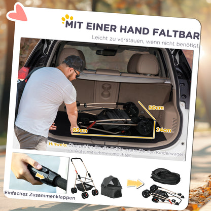 PawHut 3-in-1-Haustierkinderwagen, zusammenklappbarer Hundewagen mit 4 Rädern und abnehmbarer Trage für Hunde und Katzen, Grau