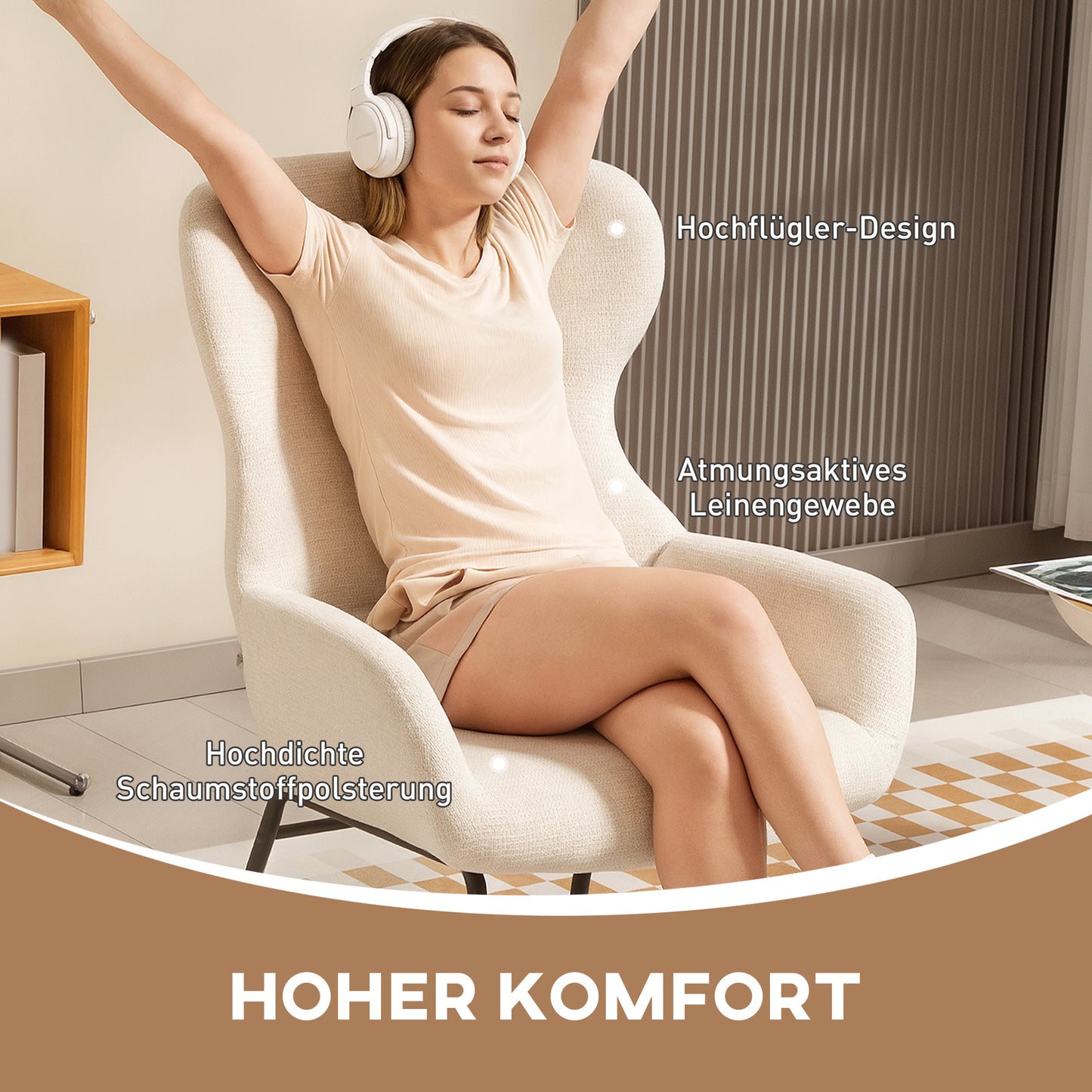 HOMCOM Moderner Polsterstuhl im Ohrenbacken-Stil, hohe Rückenlehne, dicke Polsterung, Stahlbeine, Cremeweiß