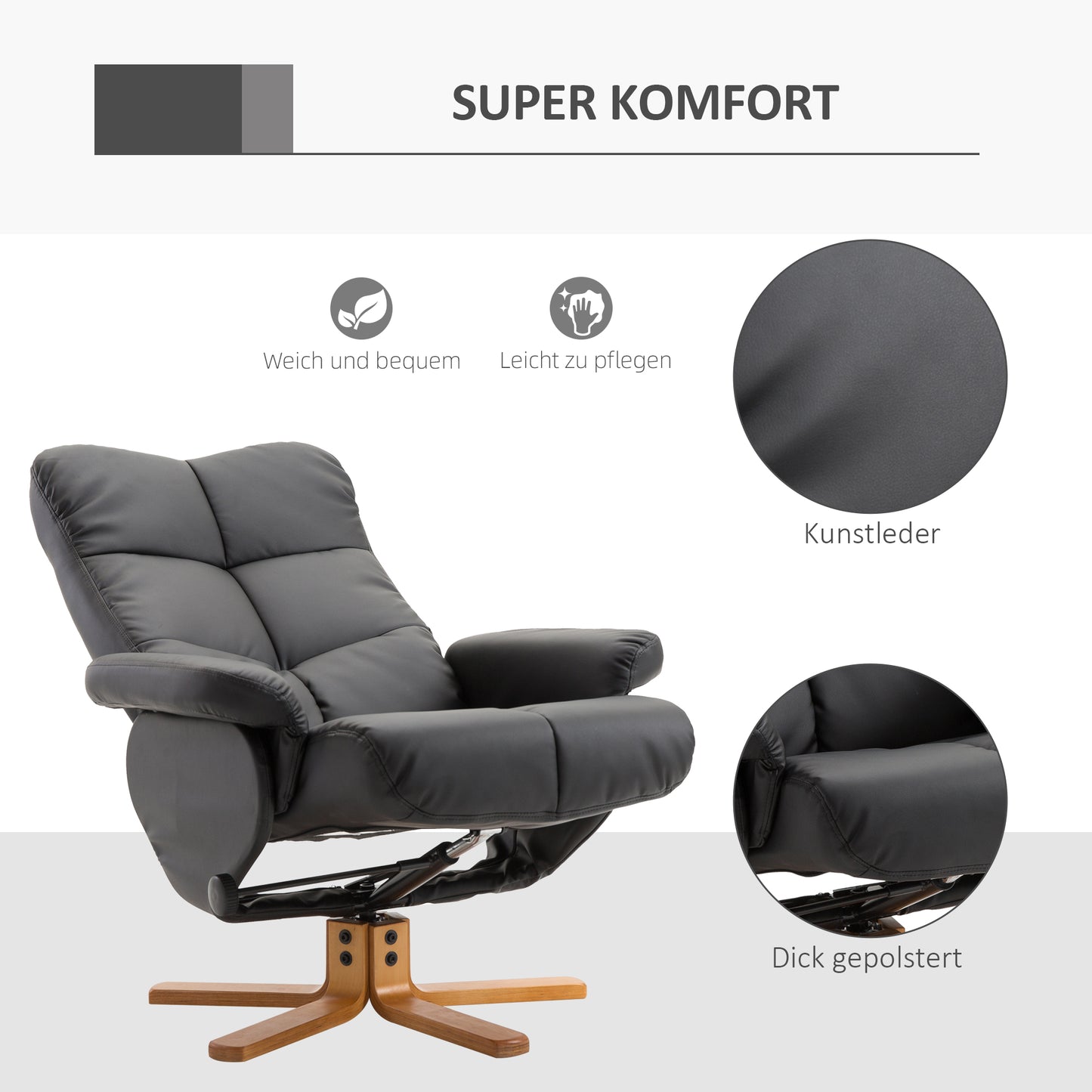 HOMCOM Relaxsessel mit Hocker, Stauraum, Gepolstert Fernsehsessel mit Liegefunktion, 360° Drehbar TV-Sessel für Schlafzimmer, Wohnzimmer, Kunstleder, Schwarz