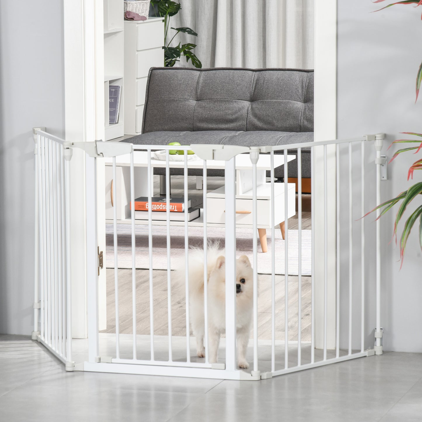 PawHut Absperrgitter Hund Freistehendes Schutzgitter 180 x 74,5 cm Hundegitter Klappbar Türschutzgitter Treppengitter Hundeabsperrgitter für Treppen, Türen, Küche, Flur, 3 Paneelen, Weiß