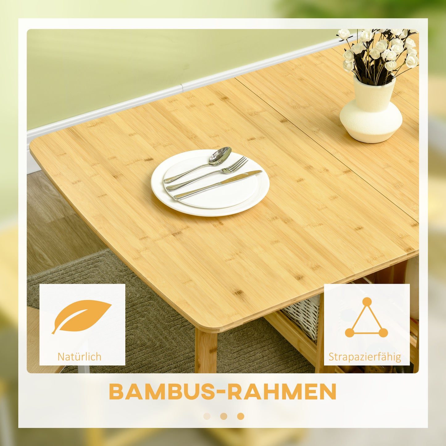 HOMCOM Klapptisch, Esstisch, zwei klappbare Seiten, zwei Ablagen, verstellbare Füße, Bambus, 149,5 x 80 x 73,5cm