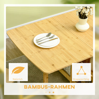HOMCOM Klapptisch, Esstisch, zwei klappbare Seiten, zwei Ablagen, verstellbare Füße, Bambus, 149,5 x 80 x 73,5cm