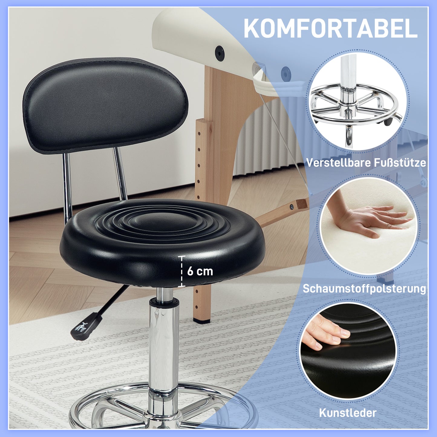 HOMCOM Rollhocker, Drehbarer und verstellbarer Hocker mit Rückenlehne, Kunstlederbezug, Fußstütze, für Frisiertische, Schwarz