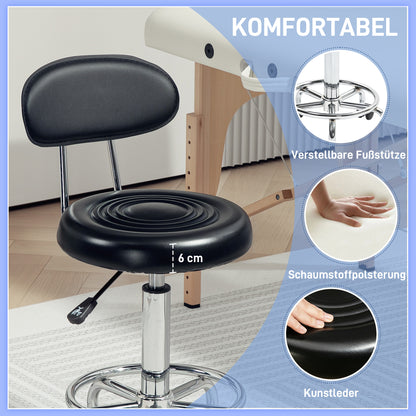 HOMCOM Rollhocker, Drehbarer und verstellbarer Hocker mit Rückenlehne, Kunstlederbezug, Fußstütze, für Frisiertische, Schwarz