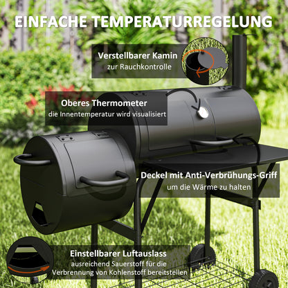 Outsunny Holzkohlegrill aus Stahl BBQ Smoker mit Deckel Thermometer Räder Luftzufuhr Kohlewanne
