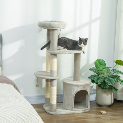 PawHut Kratzbaum 114 cm Katzenturm mit Höhle, Sisalstämme, Plattform, mehrstöckig ür mittelgroße Katzen unter 6 kg, Hellgrau