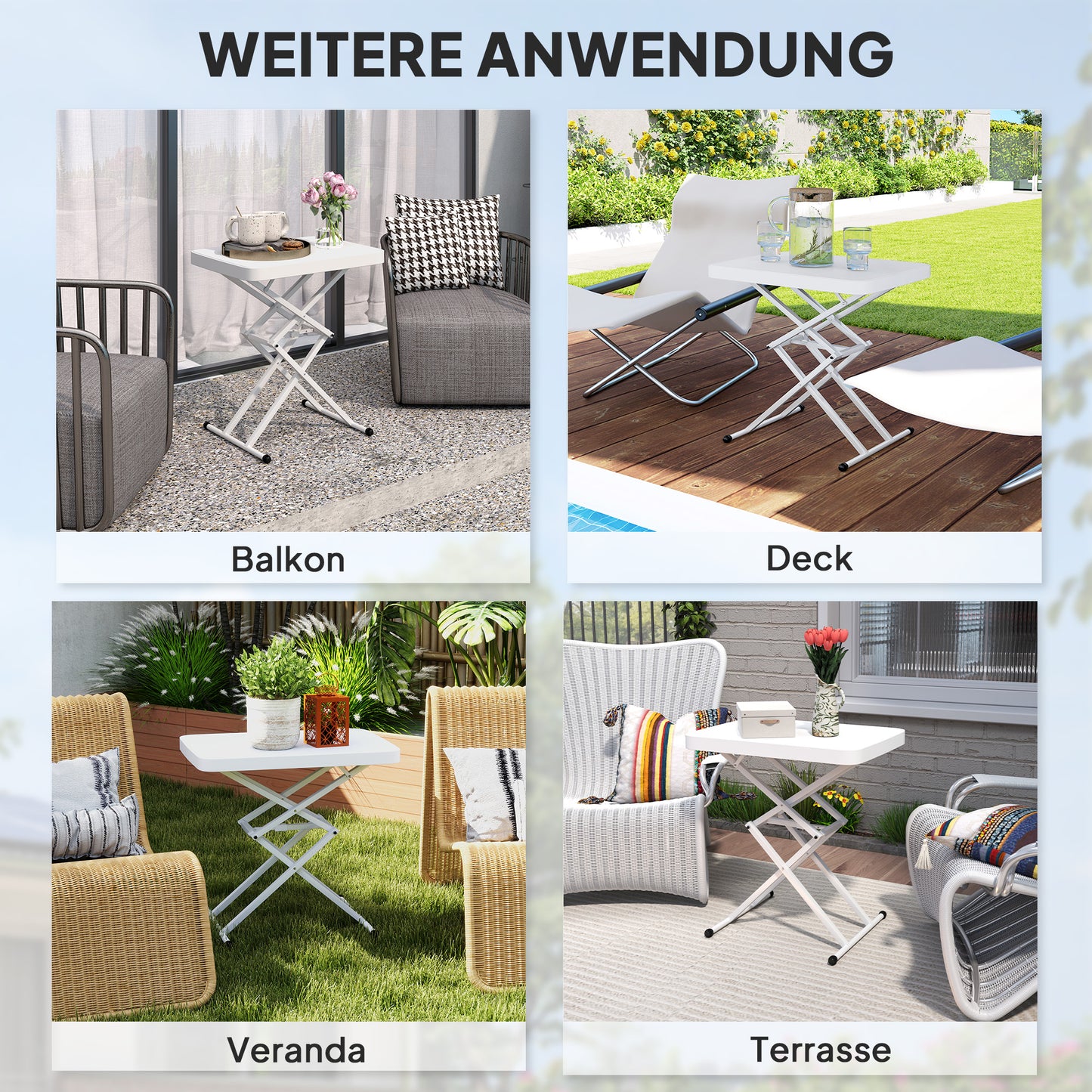 Outsunny Gartentisch, Tragbarer Tisch für den Außenbereich aus Kunststoff und Metall, Bistrotisch, für Terrasse, Garten, Weiß