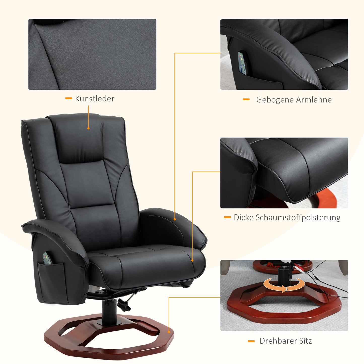 HOMCOM Massagesessel, mit Fußhocker, 10 Massagepunkte, Liegefunktion, drehbarer Sitz, Schwarz, 73 x 83 x 106cm