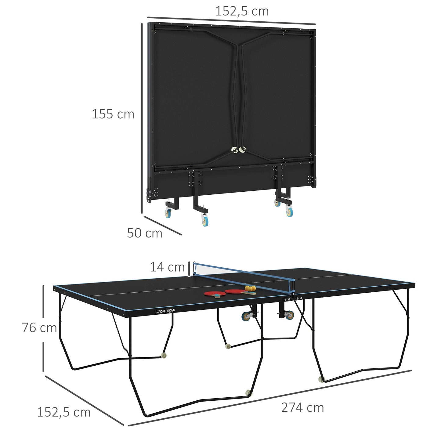 SPORTNOW Tischtennisplatte, klappbar, 8 Räder, pulverbeschichteter Stahlrahmen, MDF, 274 x 152,5 x 76 cm, Schwarz