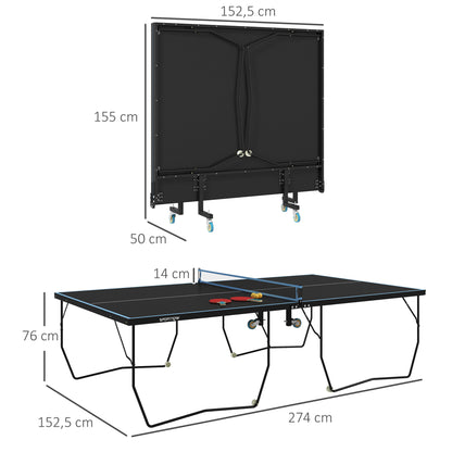 SPORTNOW Tischtennisplatte, klappbar, 8 Räder, pulverbeschichteter Stahlrahmen, MDF, 274 x 152,5 x 76 cm, Schwarz