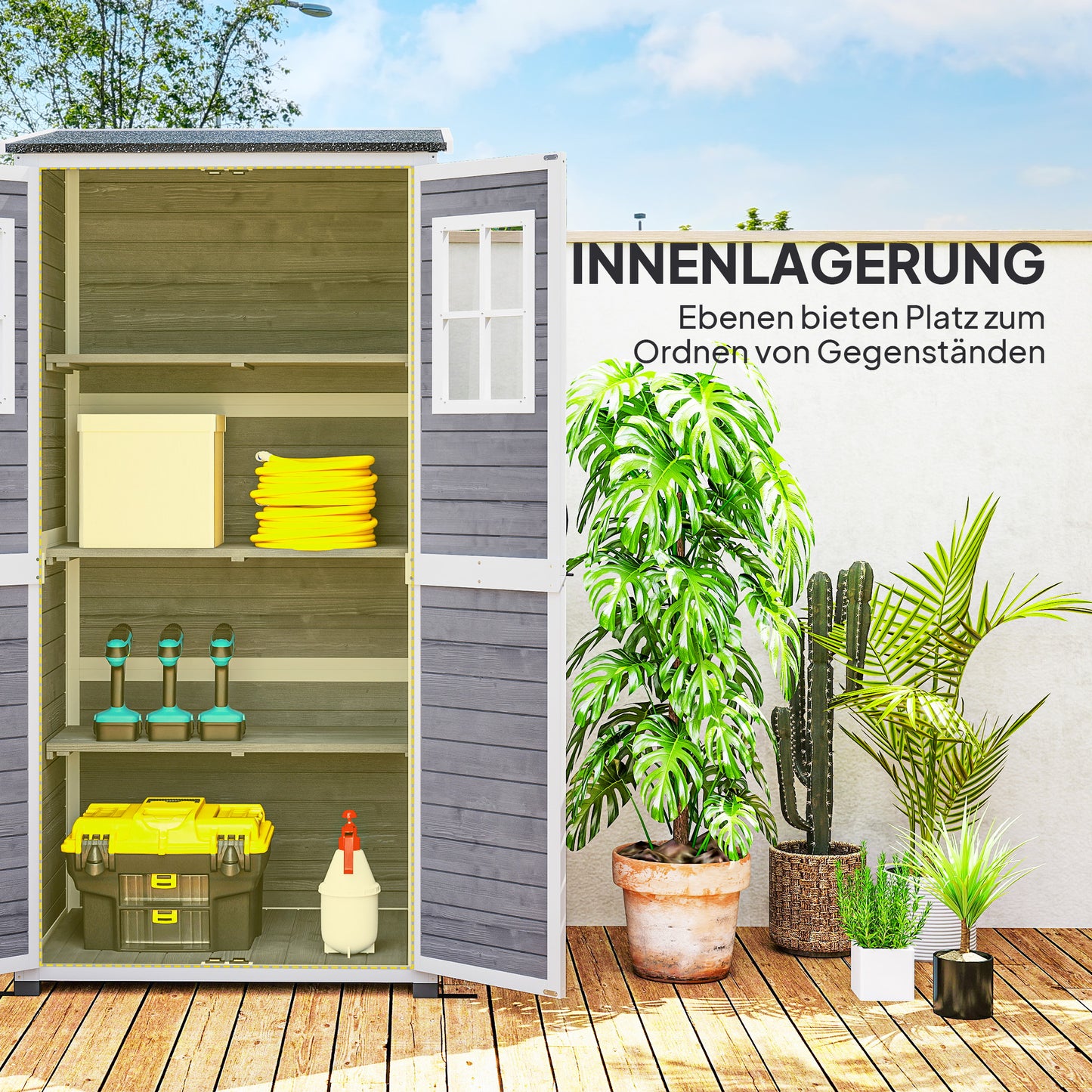 Outsunny Gartenlagerschuppen, Werkzeugschuppen mit 2 Fenstern, Bodenpfähle, Asphalt-Dach, 91 x 69 x 192 cm, Tannenholz, Hellgrau