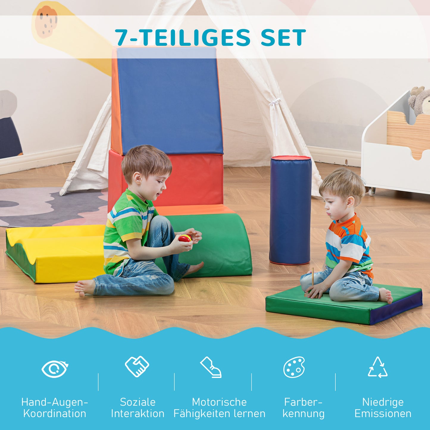 HOMCOM Soft-Bausteine, 7-tlg. Set, sicheres Material, weich und pflegeleicht, Schaumstoff, bunt