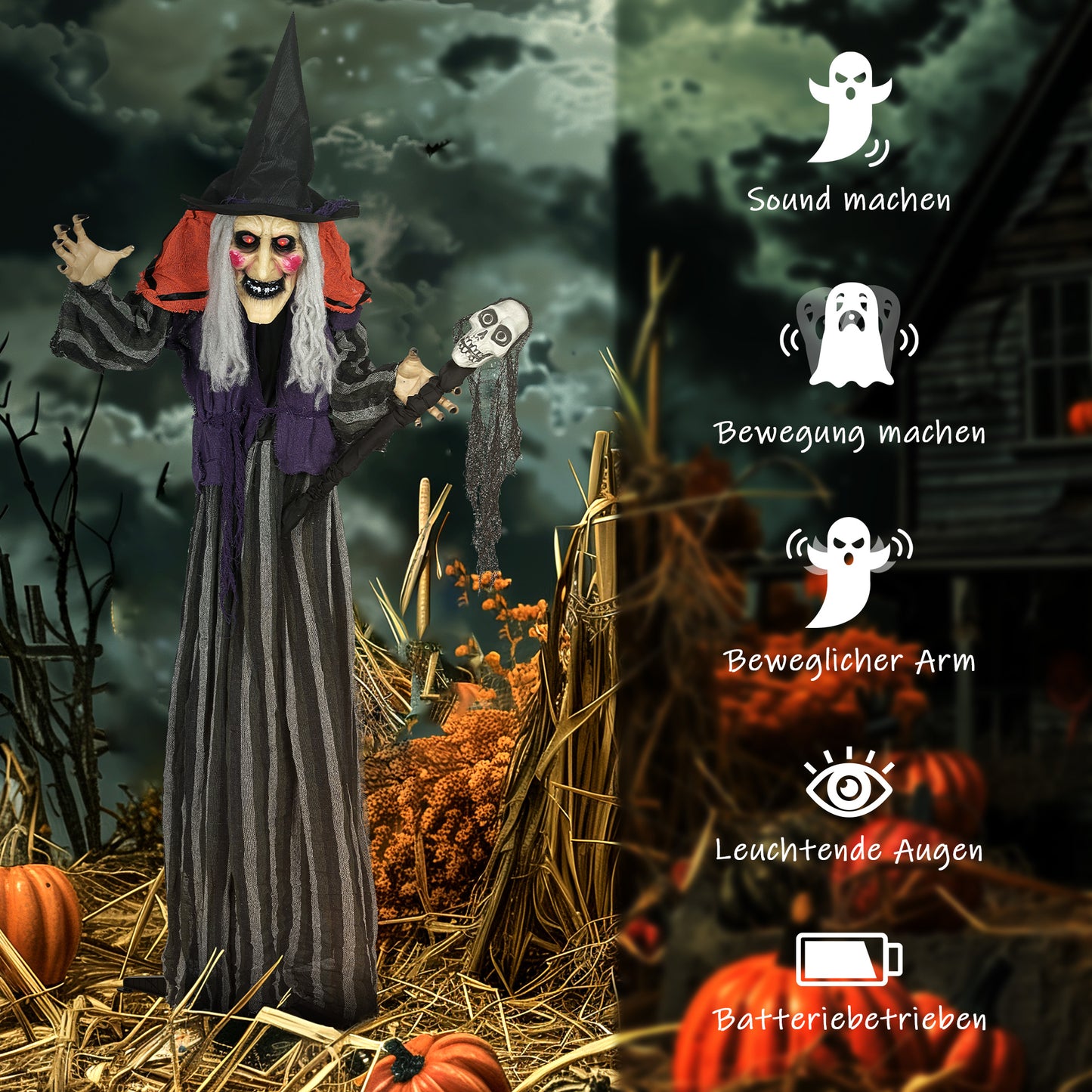 Outsunny 160 cm Halloween Dekoration Halloween Hexe mit LED-Lichter, Soundfunktion verstellbare Arme, Körper