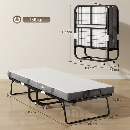 HOMCOM Klappbett 80x200 cm Erwachsene Gästebett Klappbar mit 10cm Dicker Schaumstoff Reisebett mit Stahlrahmen Feldbett mit Rollen bis 150 kg belastbar Einzelbett