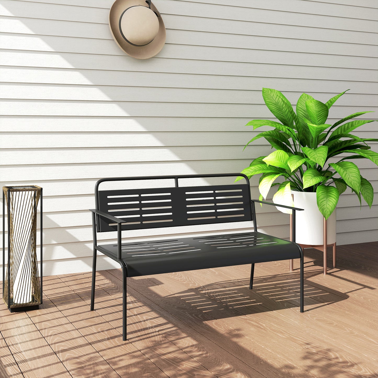 Outsunny -Sitzer Gartenbank, wetterfest Sitzbank, wasserabweisend Gartenmöbel mit Rücken- & Armlehnen 121 x 64 x 84cm, Schwarz
