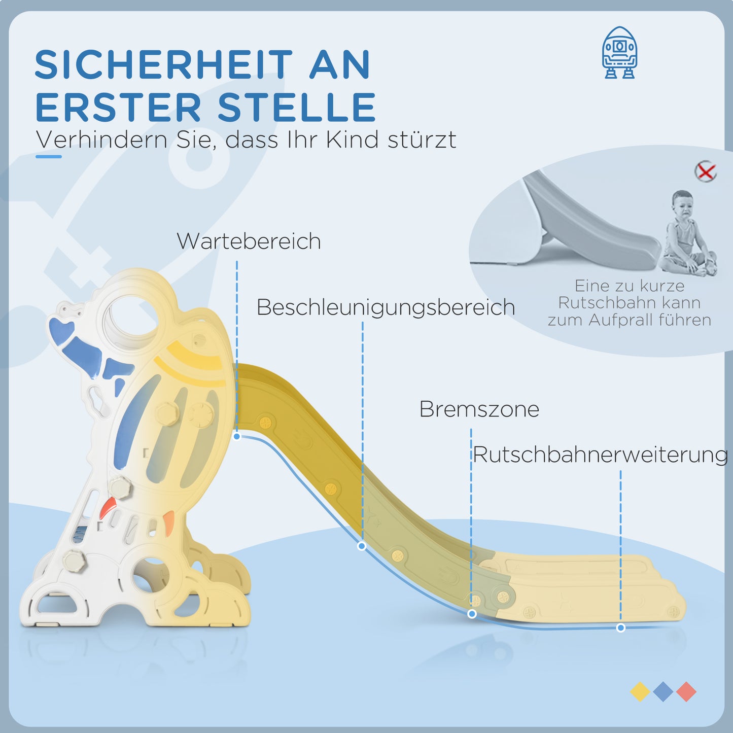 AIYAPLAY Rutsche für Kinder 1,5 bis 3 Jahre, Raketen-Design, Sticker-Set, blau, 157 x 46,5 x 80 cm