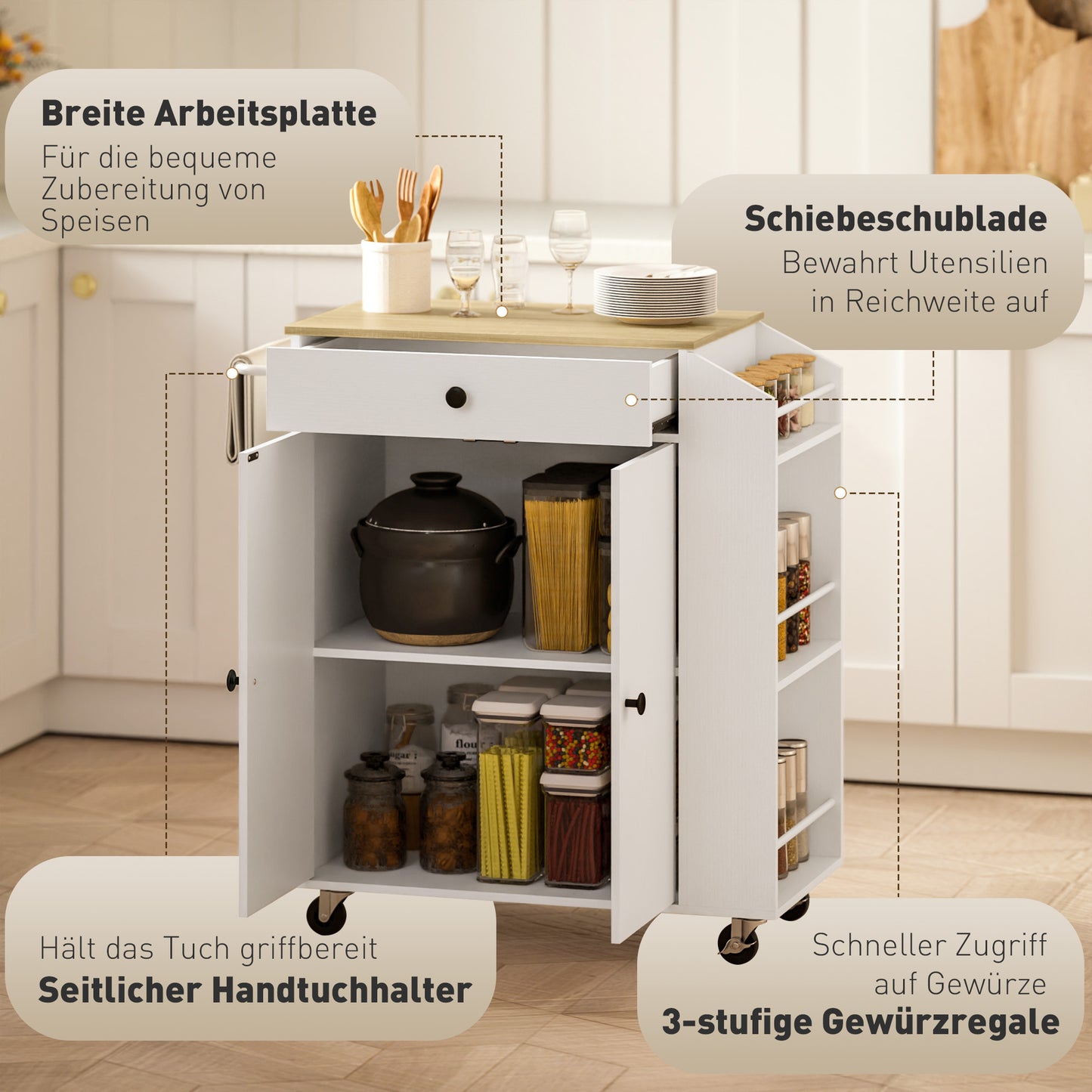 HOMCOM Küchenwagen mit Schublade, Schrankfach, Gewürzregal, Handtuchstange, 82 x 38 x 86,5 cm, Weiß/Eiche