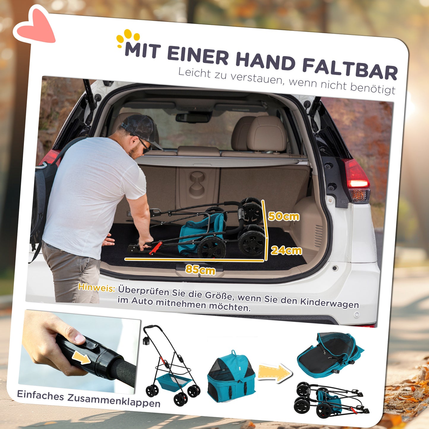 PawHut 3-in-1-Haustierkinderwagen، zusammenklappbarer Hundewagen mit 4 Rädern وabnehmbarer Trage for Hunde وKatzen Türkis