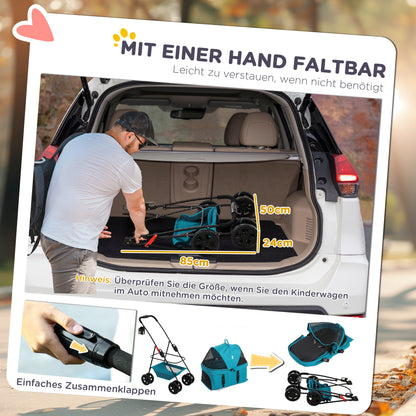 PawHut 3-in-1-Haustierkinderwagen، zusammenklappbarer Hundewagen mit 4 Rädern وabnehmbarer Trage for Hunde وKatzen Türkis