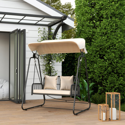 Outsunny Hollywoodschaukel Rattan 2-Sitzer Gartenschaukel mit Sonnendach Kissen bis 240 kg 149 x 121 x 180 cm Khaki