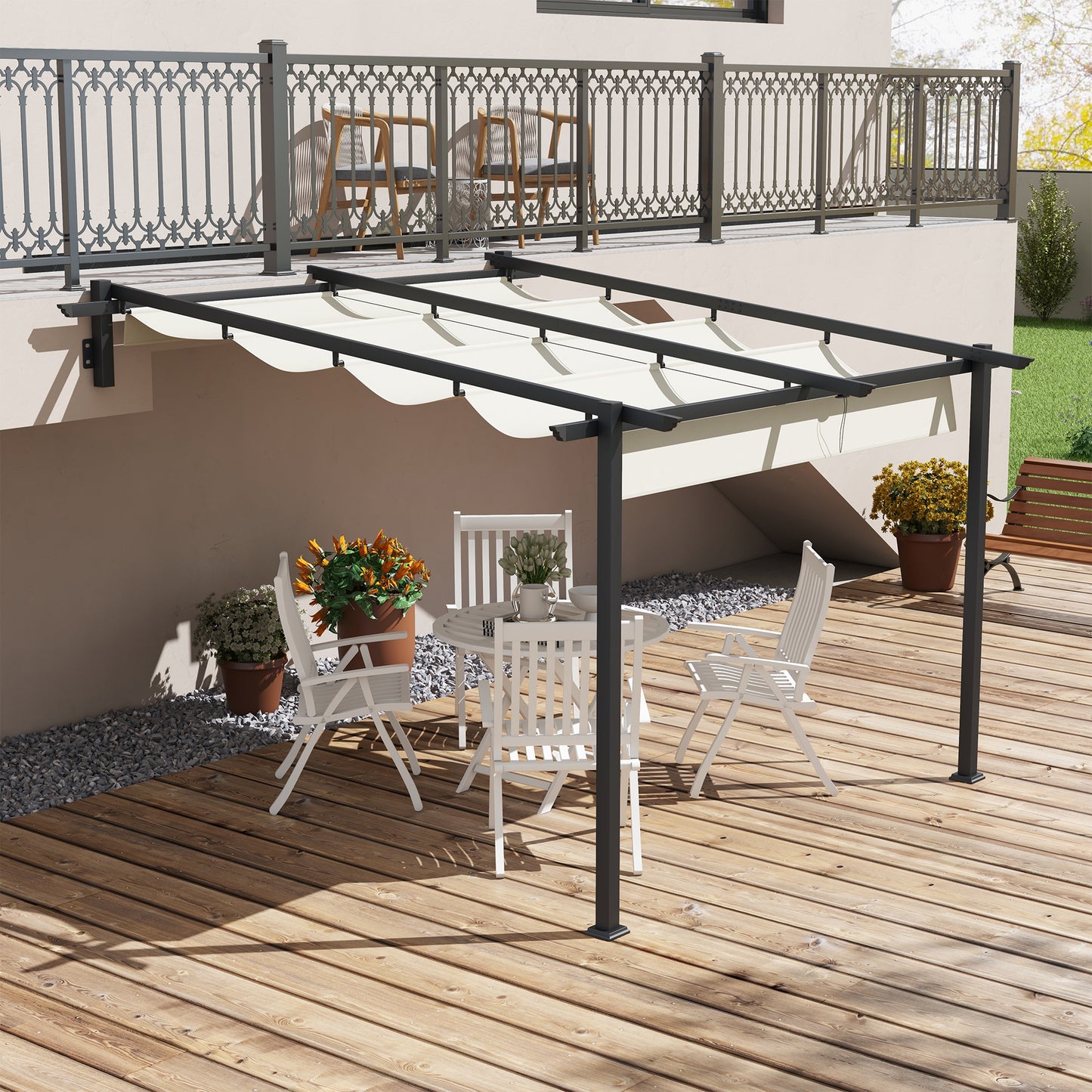 Outsunny Gartenpavillon 3 x 3m, einziehbares Dach, Wandmontage, Metallrahmen, Cremeweiß