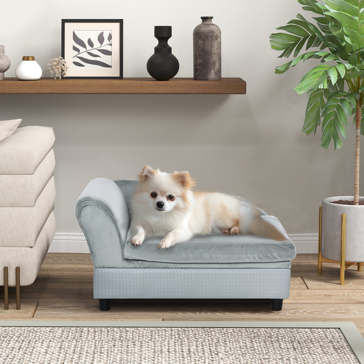 PawHut Haustiersofa mit Stauraum, weichem Kissen, bis 15 kg Tragkraft, Plüschbezug, Hartholzrahmen, Hellgrau