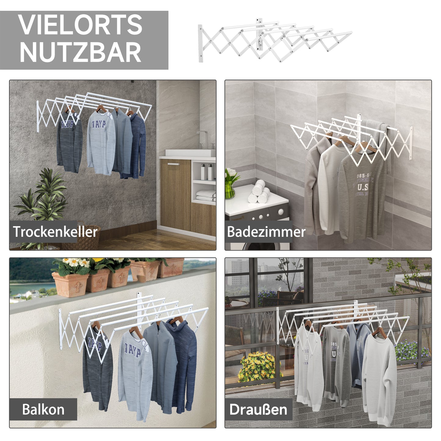 HOMCOM Wäscheständer für Wandmontage ausziehbar klappbar platzsparender Wäschetrockner، Wäschetrockner für Innen und Außen، أبيض، 63.5 × 60 × 20 سم