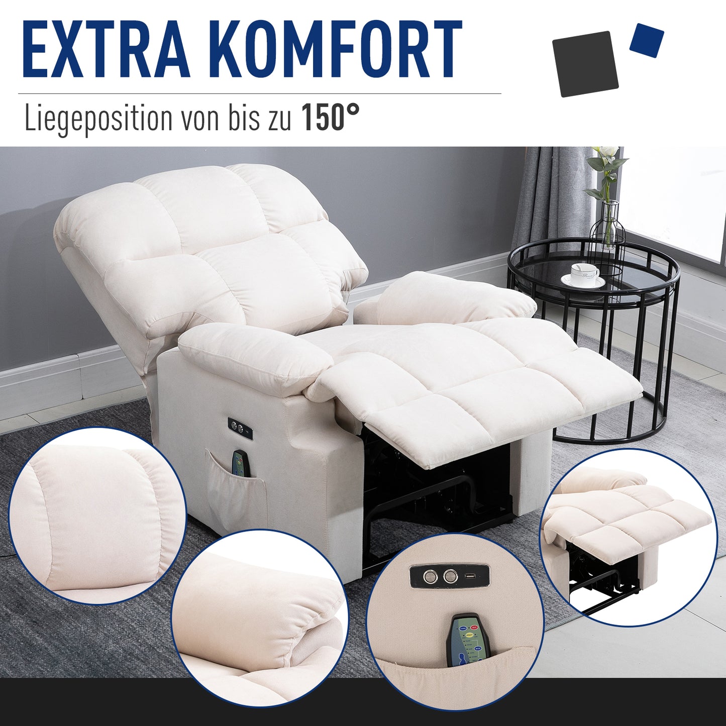 HOMCOM Sessel mit Aufstehhilfe, Massagesessel, Relaxsessel mit USB-Anschluss, Fernsehsessel mit Fernbedienung, Seitentasche, Neigebarer TV-Sessel mit Samtoptik, Beige