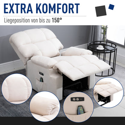 HOMCOM Sessel mit Aufstehhilfe, Massagesessel, Relaxsessel mit USB-Anschluss, Fernsehsessel mit Fernbedienung, Seitentasche, Neigebarer TV-Sessel mit Samtoptik, Beige