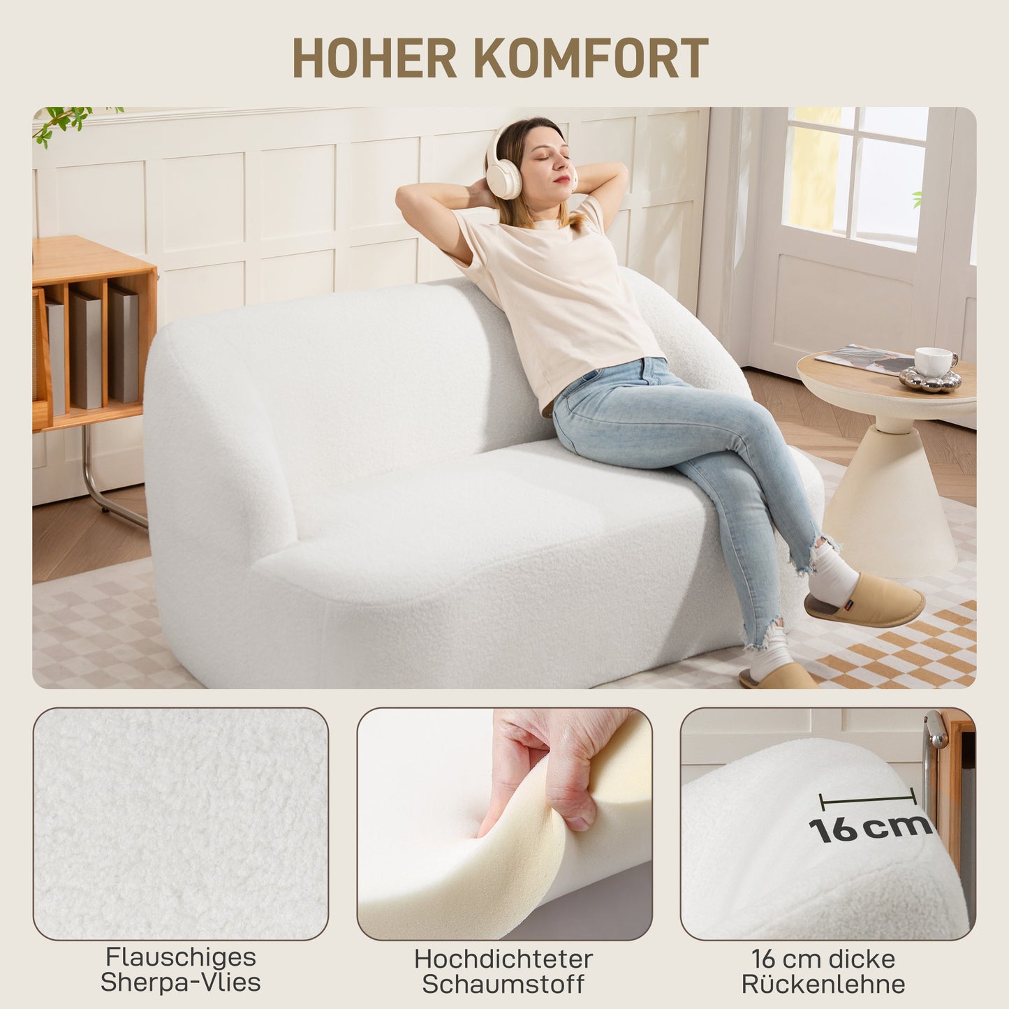 HOMCOM 2-Sitzer-Sofa, geschwungenes Design, Polstersofa mit Fleece-Bezug, für Wohnzimmer, Schlafzimmer, Homeoffice, Cremeweiß