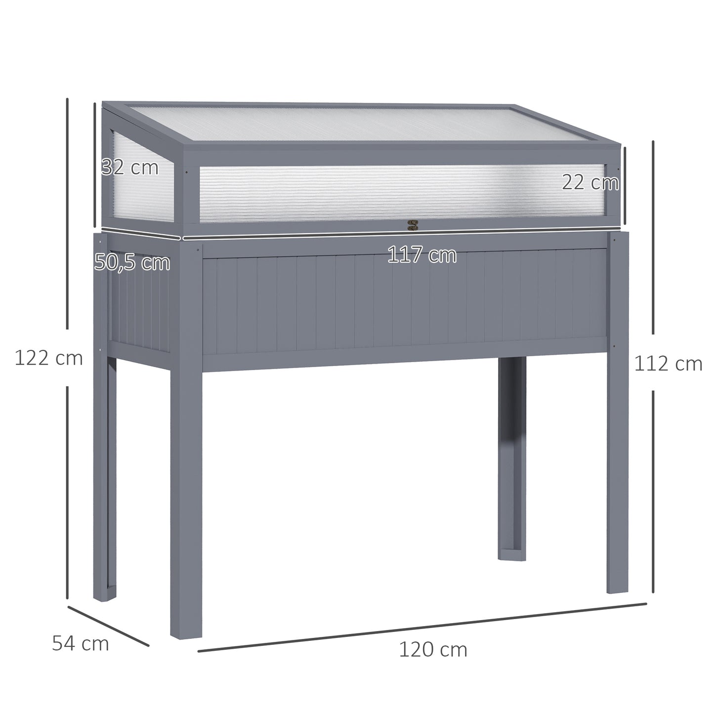 Outsunny Hochbeet Holz mit Frühbeet 2-in1 Gewächshaus Tomatenhaus Gemüsebeet Kräuterbeet Pflanzkasten für Garten Balkon und Terrasse Polycarbonat Grau 120 x 54 x 112/122 cm
